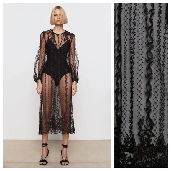 Zara Dresses & Skirts - NWT. Zara Black Embroidered Semi-Sheer Tulle Midi Dress. Size S.